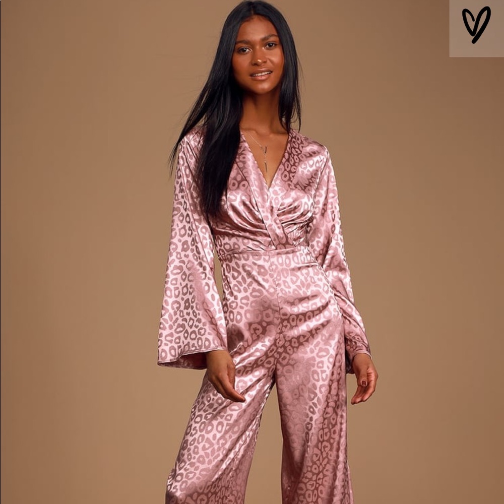 Lulu’s Dusty Lavender Leopard Print Satin Jumpsuit
